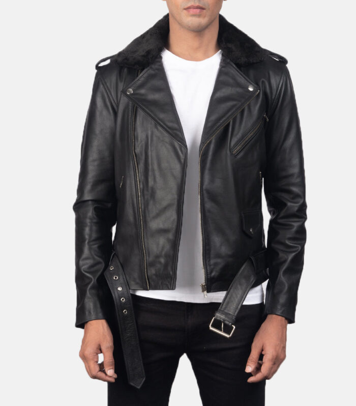 Furton Black Leather Biker Jacket