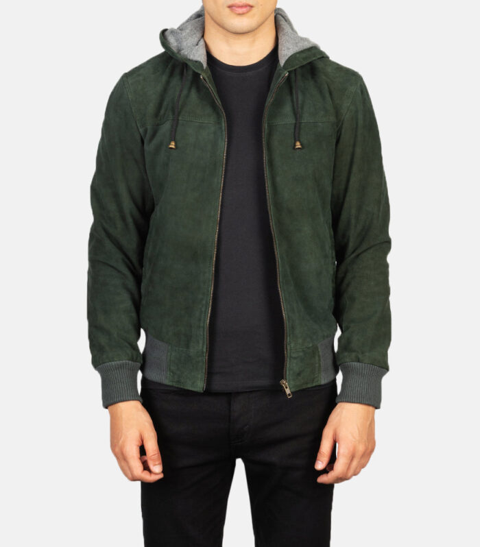 Nintenzo Green Hooded Suede Bomber Jacket
